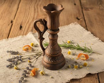 Handmade Red Clay Candlestick – Rustic Floral Carved Candle Holder
