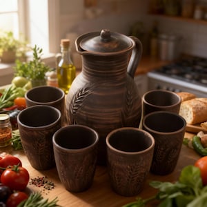 Può includere: Una brocca rustica in ceramica marrone con coperchio e manico, circondata da sei tazze abbinate. La brocca e le tazze presentano un motivo a spighe di grano in rilievo. Il set è esposto su una superficie di legno con prodotti freschi e pane.
