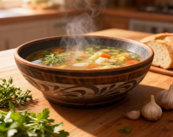 Handmade Clay Soup Bowl, Rustic Engobe Serving Bowl (1.4L)