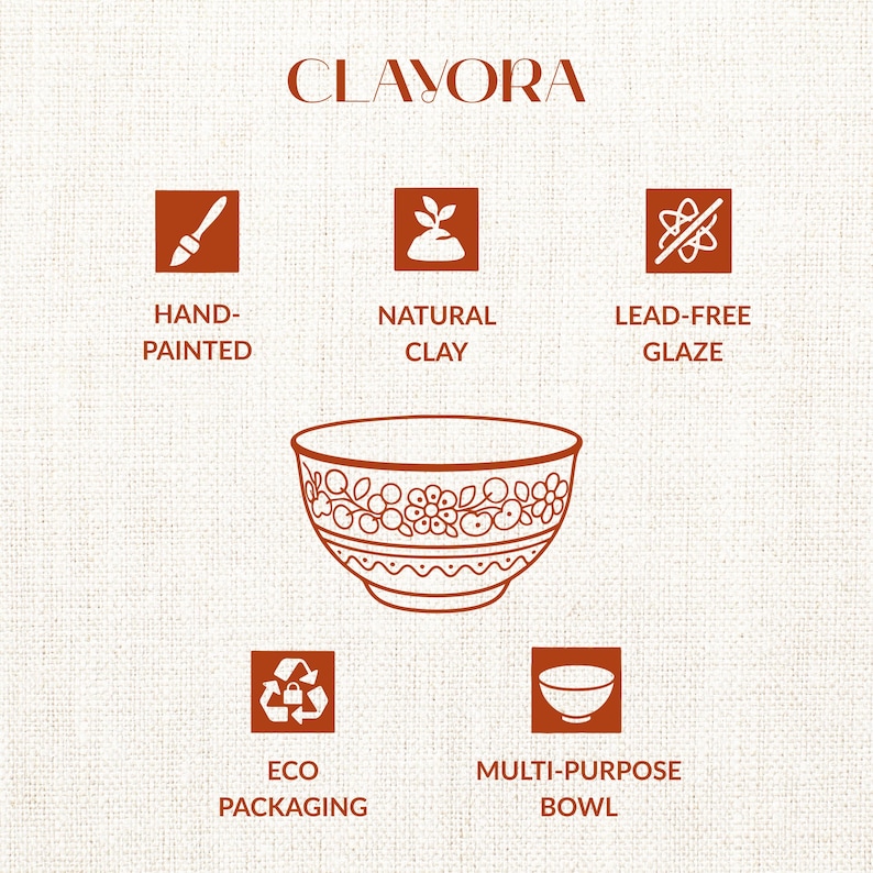 May include: A hand-painted, multi-purpose bowl with a floral design, made from natural clay and lead-free glaze. The image includes text that says "CLAVORA", "HAND-PAINTED", "NATURAL CLAY", "LEAD-FREE GLAZE", "ECO PACKAGING", and "MULTI-PURPOSE BOWL".