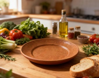 May include: A terracotta-colored plate with a floral pattern sits on a wooden countertop, surrounded by fresh vegetables, herbs, spices, olive oil, and sliced bread. The kitchen setting suggests a focus on cooking and food preparation.