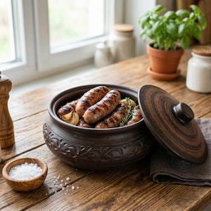 Può includere: Un vaso di ceramica marrone pieno di salsicce grigliate, cipolle ed erbe aromatiche. Il vaso ha un motivo floreale decorativo e un coperchio abbinato. Una piccola ciotola di legno con sale e un macinapepe sono anche sul tavolo di legno.