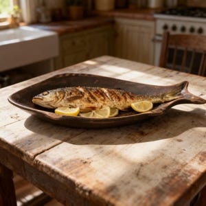 May include: A grilled whole fish with lemon slices on a wooden platter. The platter is dark brown and has a unique shape. The fish is golden brown with grill marks. The scene is set on a rustic wooden table in a kitchen.