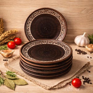 May include: A stack of dark brown ceramic plates with a decorative white border. The plates are on a burlap cloth, with tomatoes, garlic, and spices in the background. The plates have a rustic, handcrafted appearance.