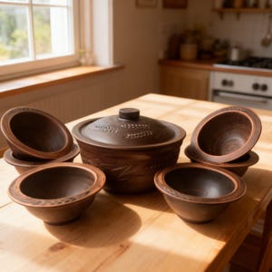 Op de afbeelding: Een set rustieke bruine keramische kommen en een braadpan met deksel. De kommen hebben een donkere rand en zijn rond de braadpan op een houten tafel geplaatst. De braadpan heeft een tarwe-aren-ontwerp op het deksel.