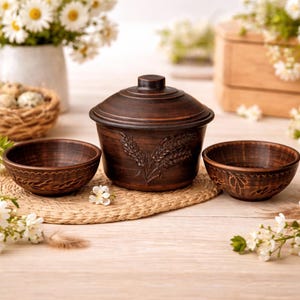 Handgjort köksredskapsset, rustikt keramiskt kokkärl, traditionellt köksredskap i keramik | Miljövänlig present