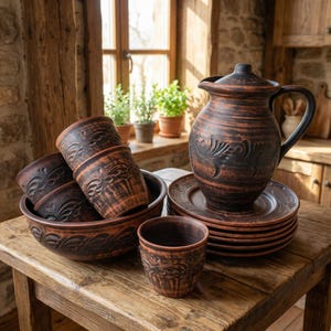 Op de afbeelding: Een rustieke aardewerkset met een kan, borden, kommen en bekers. De bruine aardewerkstukken hebben een donkere, getextureerde afwerking met bloemreliëfpatronen. De set staat op een houten tafel.