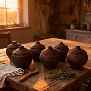 Pode incluir: Seis potes de cerâmica marrom com tampas estão dispostos sobre uma mesa de madeira rústica. Uma colher de pau, um pano de linho e ervas também estão presentes. A cena é banhada por uma luz quente e natural, sugerindo um ambiente de cozinha.