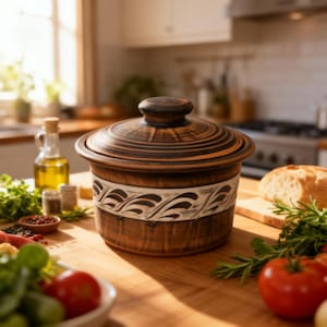 May include: A brown ceramic casserole dish with a lid, featuring a decorative white and black wave pattern around the middle. The dish sits on a wooden surface, with ingredients like tomatoes and herbs nearby. The kitchen setting suggests food preparation.