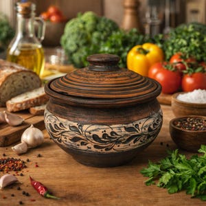 Può includere: Una pentola da cucina in ceramica marrone con coperchio, con un design floreale decorativo. La pentola è circondata da ingredienti freschi come pomodori, aglio e spezie, suggerendo un tema di cucina rustica.