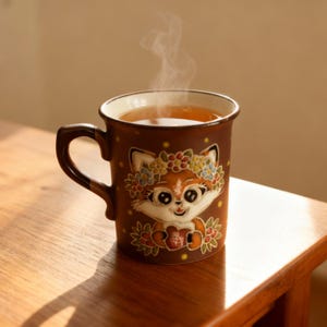 Peut inclure: Une tasse en céramique marron avec une anse, remplie de thé et de vapeur s'élevant du dessus. La tasse présente un motif de renard de dessin animé avec une couronne florale et tenant un cœur. La tasse est posée sur une surface en bois.