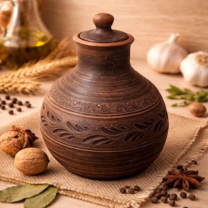 Handgemaakte fles van rode klei, rustiek gesneden ornament, 1 liter