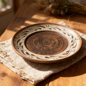 以下が含まれることがあります： 茶色い中心部とクリーム色の縁を持つ手作りのセラミックプレート。縁には、黒い葉の模様が繰り返されています。プレートは、木製のテーブルの上のベージュのリネンナプキンに置かれています。プレートの直径は約25cmです。
