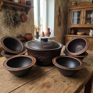 Op de afbeelding: Een verzameling handgemaakte, donkerbruine keramische kommen en een braadpan met deksel met een tarwe-aar ontwerp. De kommen hebben een contrasterende lichtere bruine rand. De items zijn gerangschikt op een houten tafel, wat een rustieke keuken suggereert.