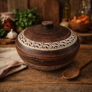 以下が含まれることがあります： 手作りの茶色のセラミックボウルと蓋。ボウルは、中央に白い彫刻された花の模様の装飾的なバンドが特徴です。木のスプーンがボウルの隣の木製の表面に置かれています。ボウルはおそらく食べ物を提供するのに使用されます。