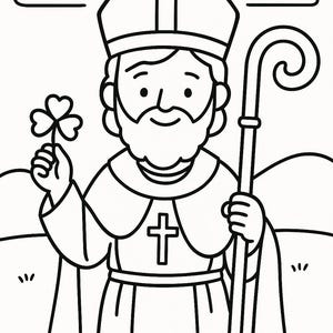 May include: Black and white illustration of St. Patrick holding a shamrock and staff. He wears a mitre, a cross on his chest, and a beard. The text "St. Patrick" is at the bottom, with clouds in the background.