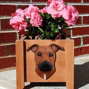 May include: A wooden planter box with a brown dog's head carved into the front. The planter is filled with pink flowers.