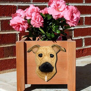 May include: A wooden planter box with a brown dog's head sculpture on the front. The planter is filled with pink flowers.