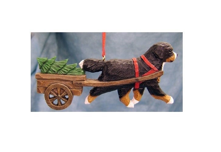 Bernese Mountain Dog Pulling Cart with Christmas Tree Ornament