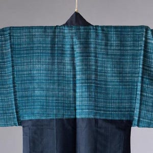 Mens Vintage Tsumugi Silk Haori Jacket | Navy Diamond Dot Weave, Teal Check Lining | Kimono Robe, Gift for Him
