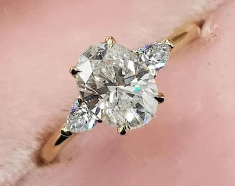 2 Carat Oval Diamond Three Stone Engagement Ring, 14k Yellow Gold Trilogy Ring, Oval Moissanite Ring, Anniversary Ring, Side Pear Diamonds