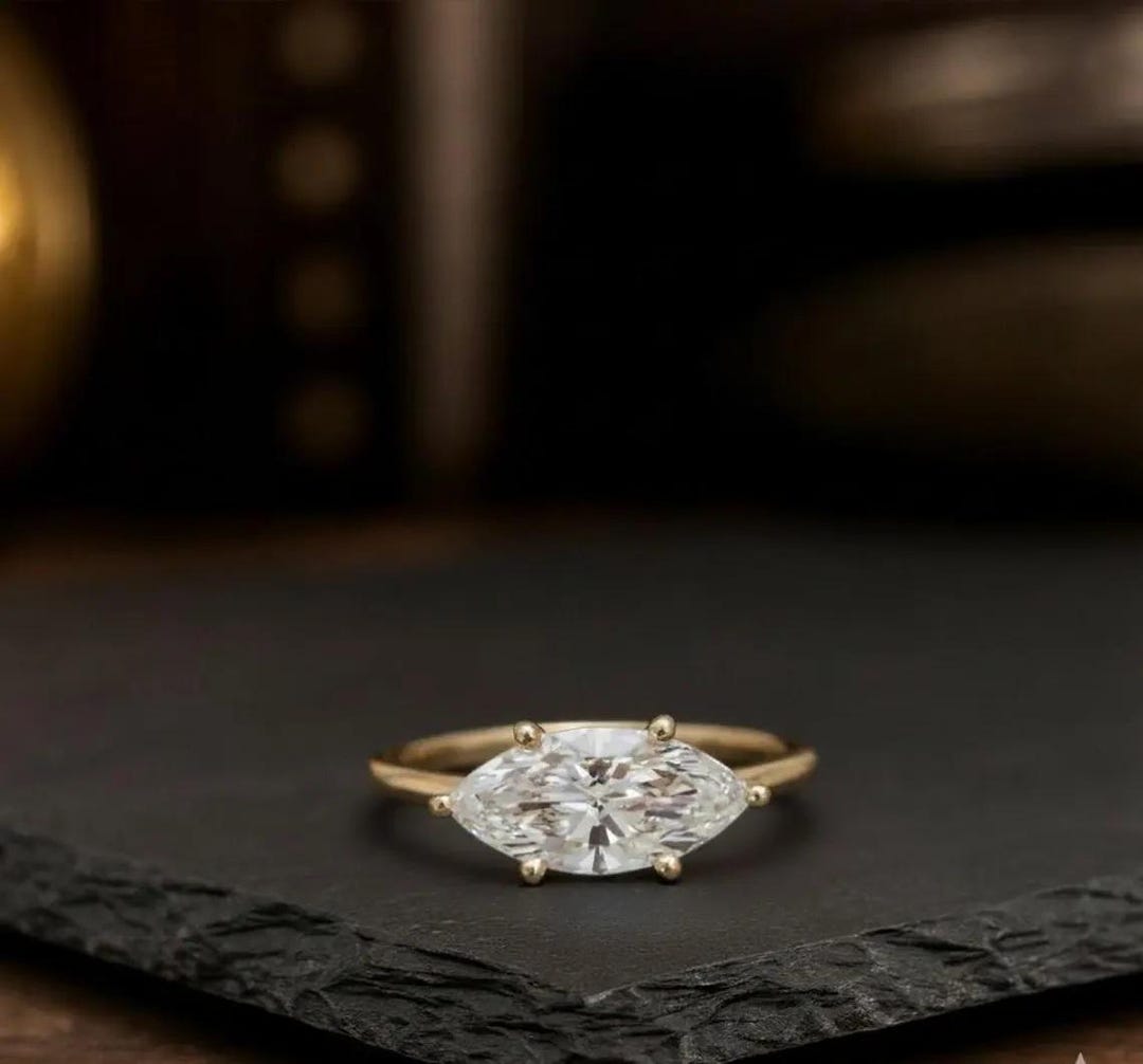 14k Solid Gold Marquise Cut Engagement Ring Unique Diamond Ring East ...