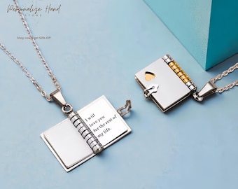 Personalized Book Locket Necklace – Custom Book Necklace, Name & Message Jewelry, Sentimental Gift for Her, Bridesmaid Gifts