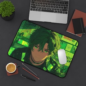 Green Anime Boy Desk Mat, Emerald Neon Mouse Pad, Cyber Techwear Desk Pad, Futuristic Workspace Decor, XL Gamer Mousepad, Anime Office Gift