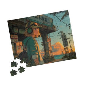 Tropical Sci-Fi Outpost Puzzle for Adults, Anime Girl Jigsaw Puzzle, Sunset Coastal Tech Art, Retro Futuristic Gift