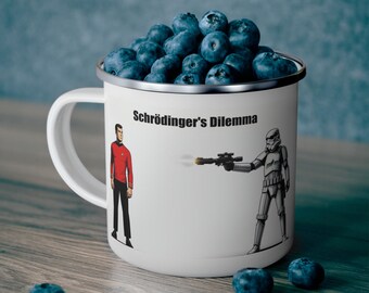Schrödinger's Dilemma Enamel Mug | Sci-Fi Crossover, Stormtrooper vs. Captain