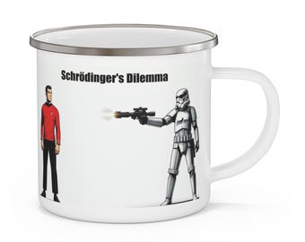 Schrödinger's Dilemma Enamel Mug | Sci-Fi Crossover, Stormtrooper vs. Captain