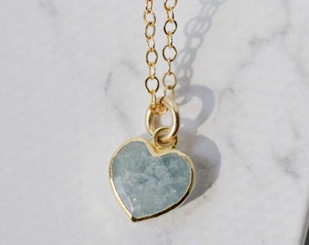 Aquamarine Heart Necklace - Blue Gemstone Heart Pendant - 14k Gold Filled - Delicate Stone Heart Jewelry - Aqua Blue Green - Gift For Women