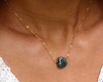 Raw Emerald Necklace - 14k Gold Fill or Sterling Silver - May Birthstone - Green Emerald Pendant - Crystal Healing