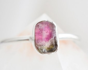 Raw Watermelon Tourmaline Ring in Sterling Silver - Natural Tourmaline Stackable Crystal Ring - Gemstone Healing Jewelry - Gift for Her