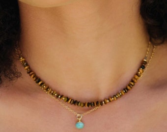 Beaded Tiger Eye Necklace, Sterling Silver or 14k Gold Filled, Genuine Tiger's Eye Jewelry, Gemstone Choker, Gift for Her, Birthday, Mom