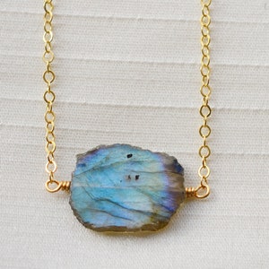 Labradorite Necklace - Raw Labradorite - Labradorite Slice Pendant - 14kt Gold Fill or Sterling Silver - Gift for her - Crystal Neckalce