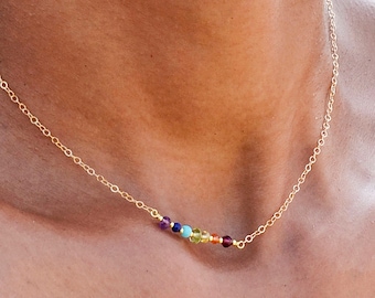 Crystal Chakra Necklace in Sterling Silver or 14k Gold Filled - Rainbow Pride Pendant - Yoga Jewelry - 7 Stone Chakra Bar - Gift for Her