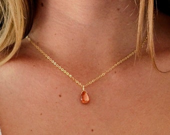 Sunstone Necklace in 14k Gold Fill or Sterling Silver - Natural Sunstone Teardrop Pendant - Healing Crystal - Orange Gemstone for Her