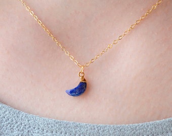 Small Moon Necklace - Natural Gemstone Crescent Pendant - 14k Gold Filled - Celestial Jewelry - Amethyst, Lapis, Aquamarine, Moonstone