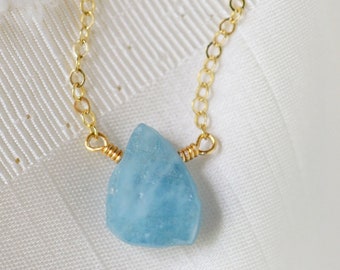 Raw Aquamarine Necklace - Sterling Silver or 14kt Gold Filled - Aquamarine Pendant - March Birthstone - Raw Crystal Drop - Crystal Healing