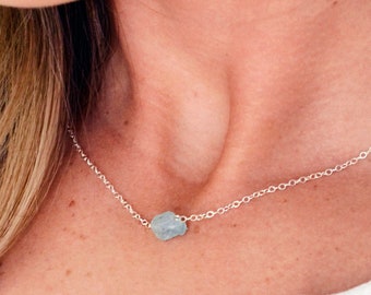 Rough Blue Aquamarine Necklace in Sterling Silver or 14k Gold Filled - Aquamarine Crystal Pendant - March Birthstone - Gift for Her