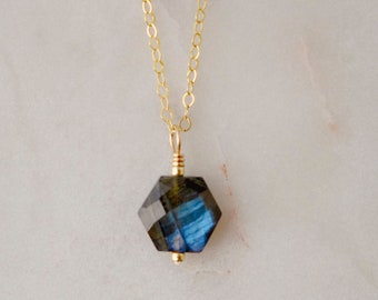 Labradorite Necklace in Sterling Silver or 14k Gold Filled - Hexagonal Stone Pendant - Dainty Gemstone Jewelry - Gift For Women