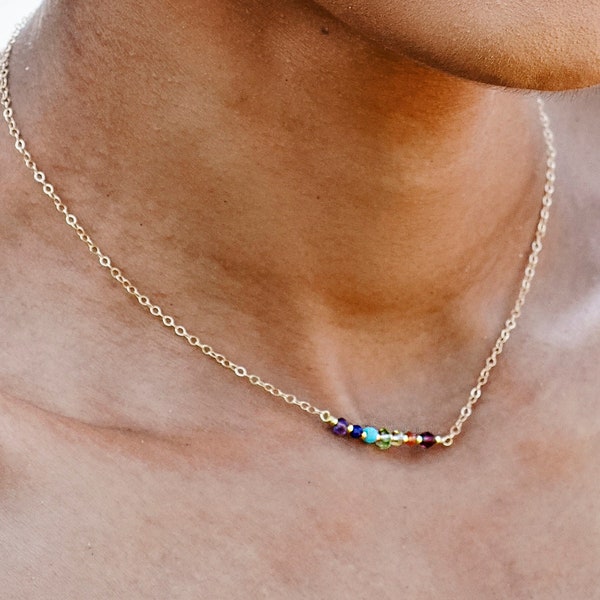 Crystal Chakra Necklace in Sterling Silver or 14k Gold Filled - Rainbow Pride Pendant - Yoga Jewelry - 7 Stone Chakra Bar - Gift for Her