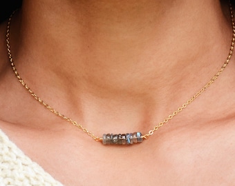 Labradorite Bar Necklace in Sterling Silver or 14k Gold Filled - Heishi Labradorite Pendant - Dainty Gemstone Jewelry - Gift for Her