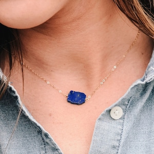 Lapis Lazuli Necklace in Sterling Silver or 14k Gold Filled - Raw Blue Lapis Slice Pendant - Natural Gemstone Jewelry - Gift for Her