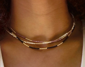 Beaded Gemstone Necklace in Sterling Silver or 14k Gold Filled - Genuine Crystal Choker Jewelry - Gift for Her - Layering Boho Necklace