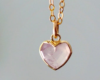 Rose Quartz Heart Necklace in Sterling Silver or 14k Gold Filled - Delicate Pink Crystal Heart Pendant - Gift for Women, Mom