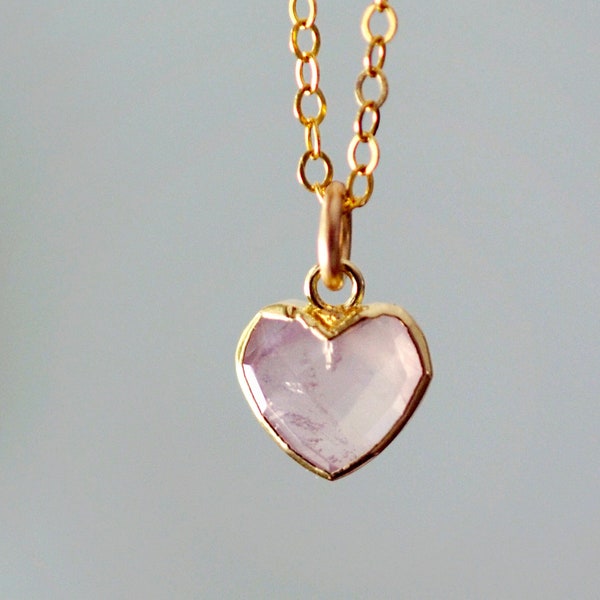 Rose Quartz Heart Necklace - Sterling Silver or 14k Gold Fill, Dainty Pale Pink Crystal Heart Pendant, Gift for Mom, Girlfriend, Anniversary
