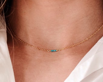 Small Turquoise Necklace in Sterling Silver or 14k Gold Filled - Arizona Turquoise Choker - Tiny Stone Bar Pendant - Gift for Her