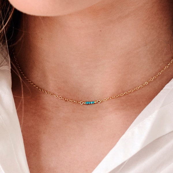 Small Turquoise Necklace in Sterling Silver or 14k Gold Filled - Arizona Turquoise Choker - Tiny Stone Bar Pendant - Gift for Her